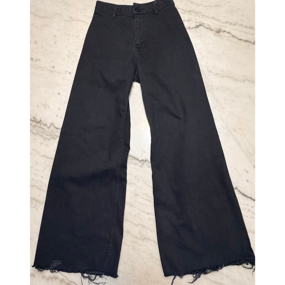 Zara Womens Black High Waisted Wide Leg Raw Hem Jeans Size 6 Patch Pocket Denim